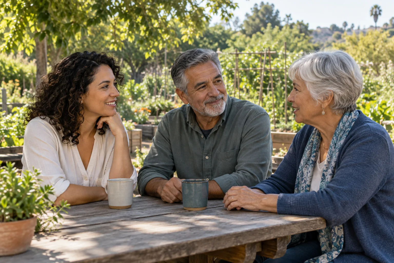 Illustrative scene of adults connecting in their community.